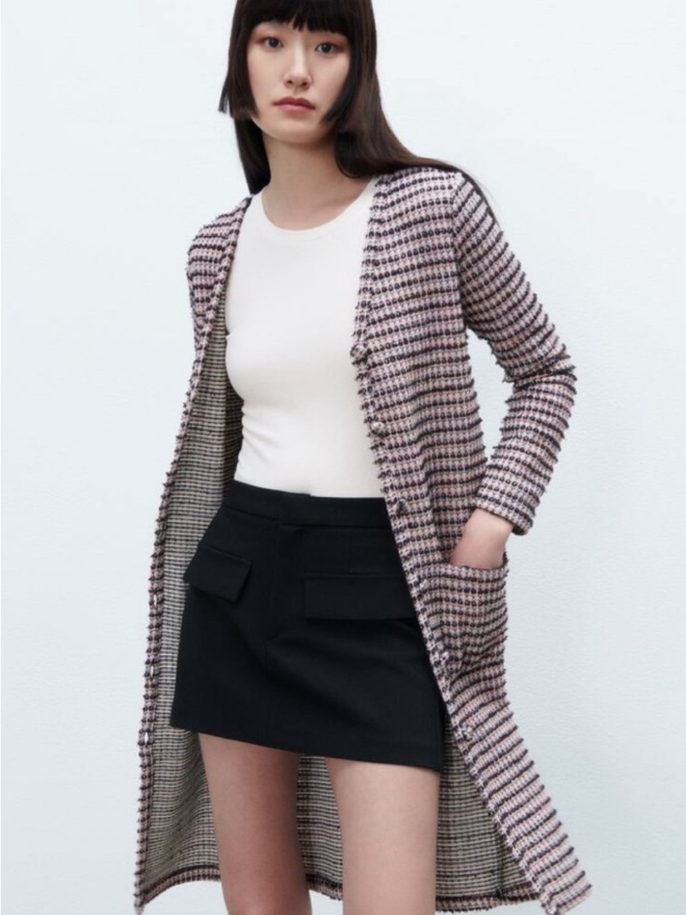 Zara Textured Tweed Midi Cardigan Dress